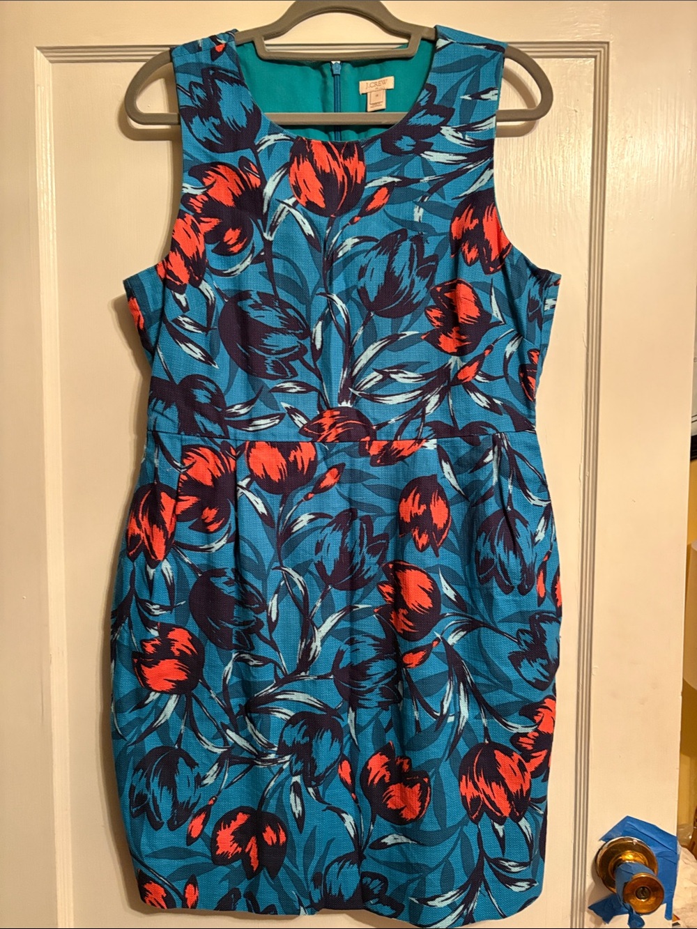 J. Crew Turquoise Floral Sheath Dress with Red Tulip Print